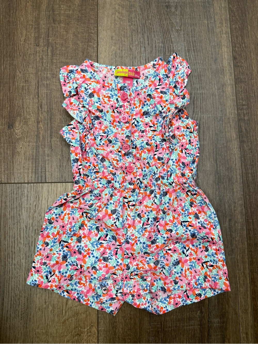 Penelope Mack floral pink flower button up Romper 18 Months cotton
